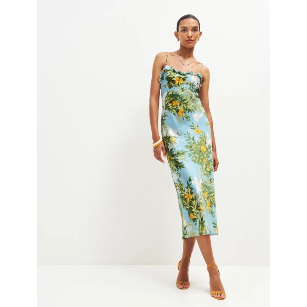 Reformation‎ Silk Aribella Midi Dress Citrus Dove Ruffle Neck Spaghetti Strap L